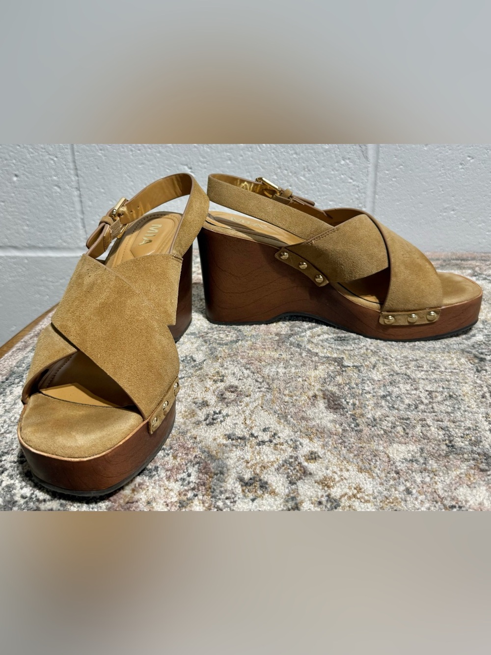 MIA Tan Suede Crisscross Slingback Wedge Sandals